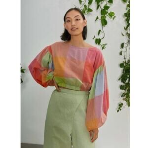 Rujuta Sheth New York Elizabeth Blouse Long Sleeve Top Jupiter Chex Size Large